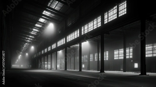 Fototapeta An empty industrial building with multiple illuminated windows and support beams