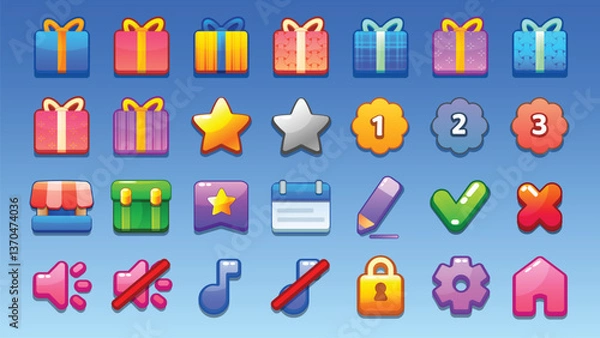 Fototapeta GUI Kit casual Asset for a game, a set of elements for the game interface - vector UI objects. Icons.