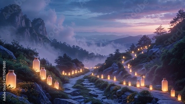 Fototapeta Beautiful landscape with glowing lanterns at dusk in a misty mountain scenery