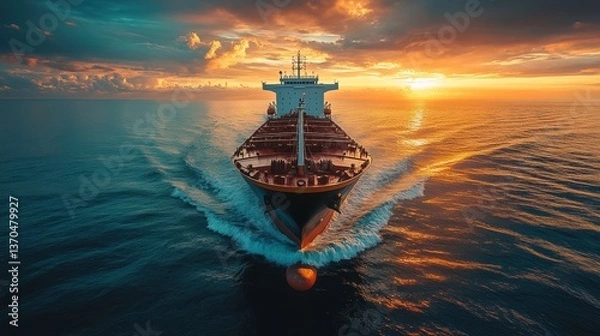 Fototapeta A massive cargo ship sails across the open ocean at sunset