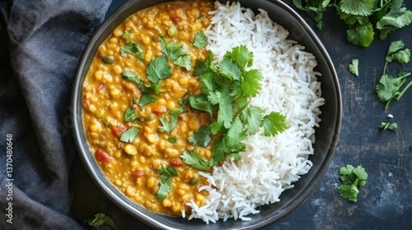 Fototapeta Aromatic Indian lentil dal served with fluffy basmati rice and fresh cilantro