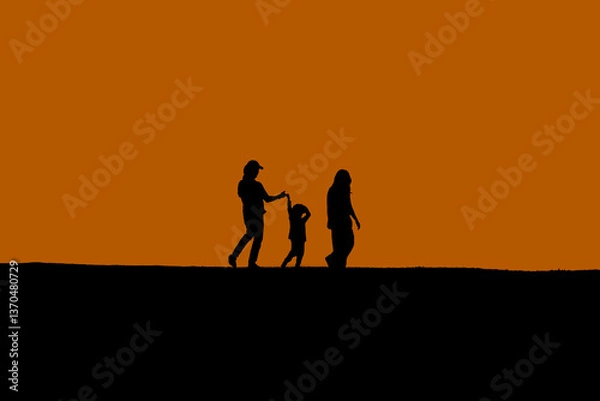 Obraz silhouette photo style of Family of parent and children on the hill mountain at the morning time.