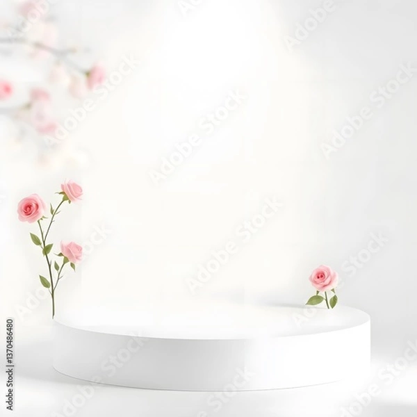 Fototapeta Subtle Elegance: White and Rose Product Podium With Soft Focus Floral Aesthetics