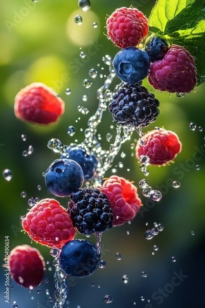 Fototapeta Fresh Wild Berry Harvest Falling in Sunlight with Water Droplets, Organic Blueberries Raspberries and Blackberries in Motion for Healthy Eating Food Photography
