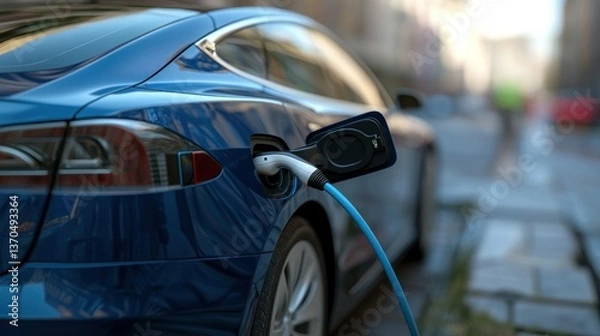 Fototapeta Electric vehicle charging in an urban setting showcasing modern technology and sustainability, with the sleek blue car and bright charging cable highlighted