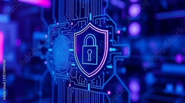 Fototapeta Digital Fortress: Cybersecurity Shield with Biometric Protection in Neon Futuristic Interface