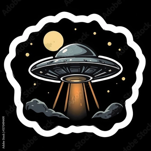 Fototapeta Colorful UFO sticker illustration with vibrant tones and bold outlines on a dark background
