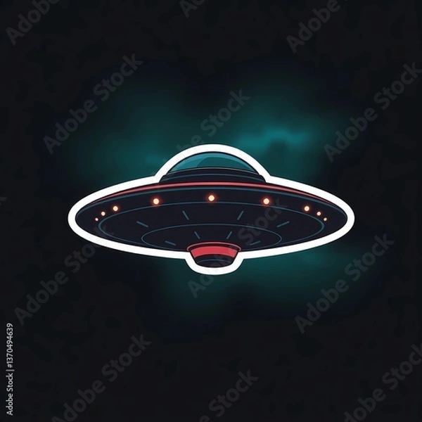 Fototapeta Colorful UFO sticker illustration with vibrant tones and bold outlines on a dark background