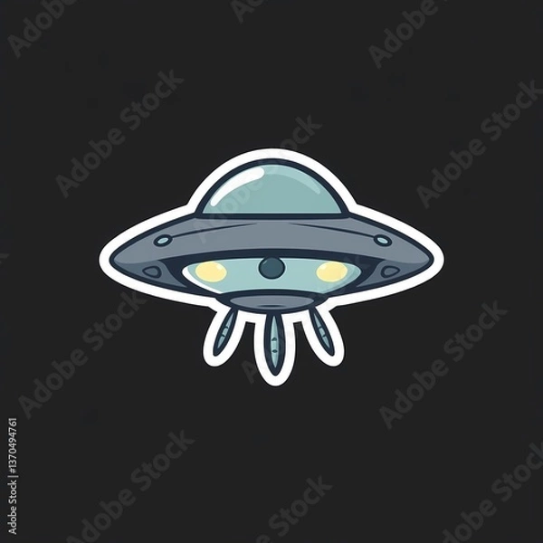 Fototapeta Colorful UFO sticker illustration with vibrant tones and bold outlines on a dark background