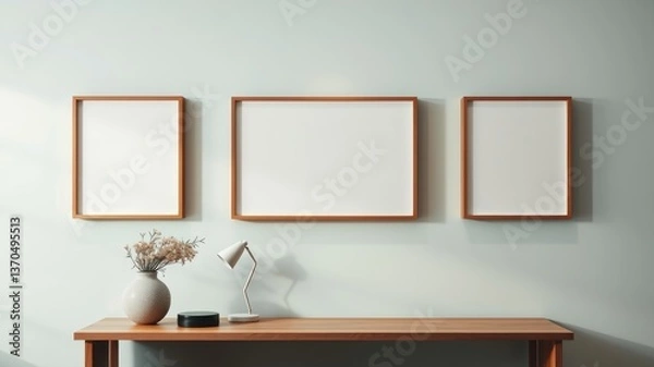 Fototapeta Modern minimalist home office with three blank frames on a pale wall above a wooden desk