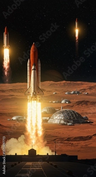Fototapeta Mars Colonization: Spacecraft Launch from Martian Base
