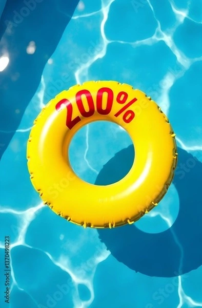 Obraz Yellow inflatable circle with red number "200%" floating in blue swimming pool