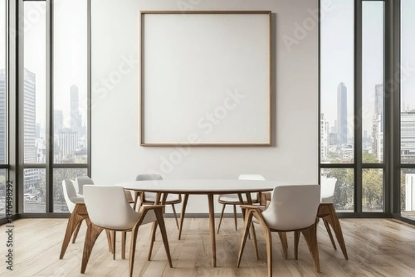 Fototapeta Modern conference room with a large empty frame on the wall. featuring a round table surrounded by gray chairs. and a view of a city skyline through large windows