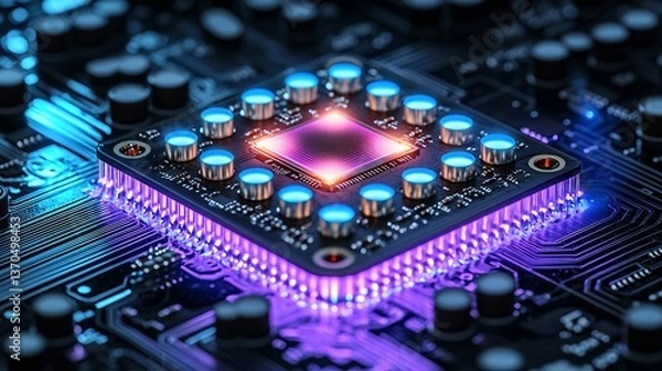 Fototapeta Close-up of a glowing microprocessor integrated circuit on a circuit board, showcasing intricate technological detail and vibrant color