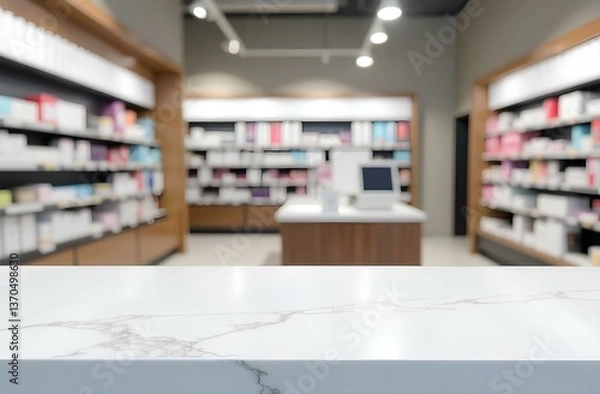Obraz Empty white marble counter top with blur pharmacy drugstore shelves background 