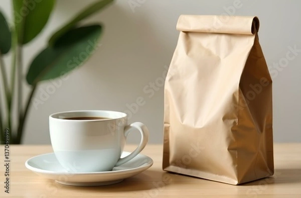Obraz Cup of coffee and a craft bag for sandwiches on table
