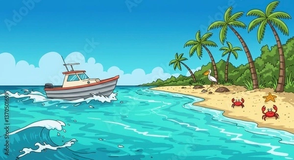 Fototapeta Tropical Island Paradise: Boat, Beach, and Palm Trees