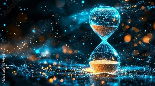 Fototapeta Glowing hourglass, digital art, sand flowing, abstract, dark background, network, connections, futuristic concept