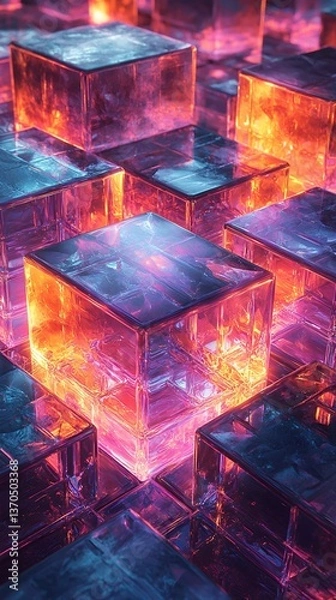 Obraz Glowing, translucent cubes arranged in a complex, three-dimensional pattern. Vivid colors and a sense of depth