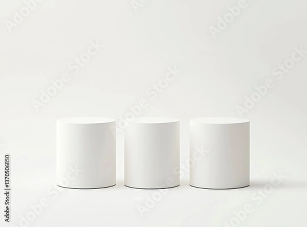 Fototapeta Three White Cylinders on White Background for Product Display or Mockup