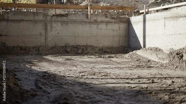 Obraz Concrete foundation construction site featuring exposed walls and earth ground