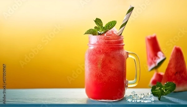 Obraz Watermelon Slushie_A frozen, icy drink made from fresh watermelon, served in a mason jar with a colorful straw and mint garnish on yellow backdrop