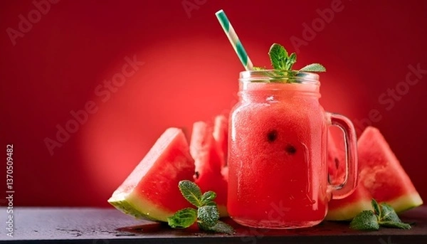 Obraz Watermelon Slushie_A frozen, icy drink made from fresh watermelon, served in a mason jar with a colorful straw and mint garnish on red backdrop