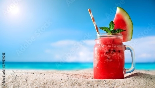 Fototapeta Watermelon Slushie_A frozen, icy drink made from fresh watermelon, served in a mason jar with a colorful straw and mint garnish on blue sky and sea in backdrop