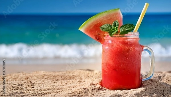 Fototapeta Watermelon Slushie_A frozen, icy drink made from fresh watermelon, served in a mason jar with a colorful straw and mint garnish on blue sky and sea in backdrop