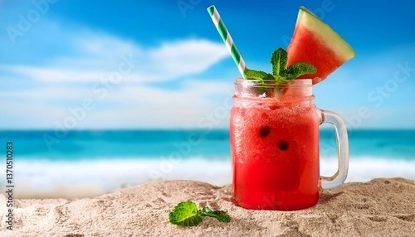 Fototapeta Watermelon Slushie_A frozen, icy drink made from fresh watermelon, served in a mason jar with a colorful straw and mint garnish on blue sky and sea in backdrop