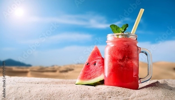 Fototapeta Watermelon Slushie_A frozen, icy drink made from fresh watermelon, served in a mason jar with a colorful straw and mint garnish on blue sky and desert in backdrop