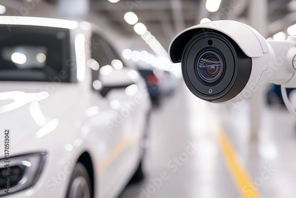 Obraz AI Surveillance Camera Monitoring Parked Car in Office Parking Lot, Smart Technology Integration, Urban Security System, Corporate Safety, Automated Vehicle Scanning, City Surveillance