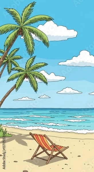 Fototapeta Tranquil Tropical Beach Scene: Palm Trees, Ocean, and Relaxing Beach Chair