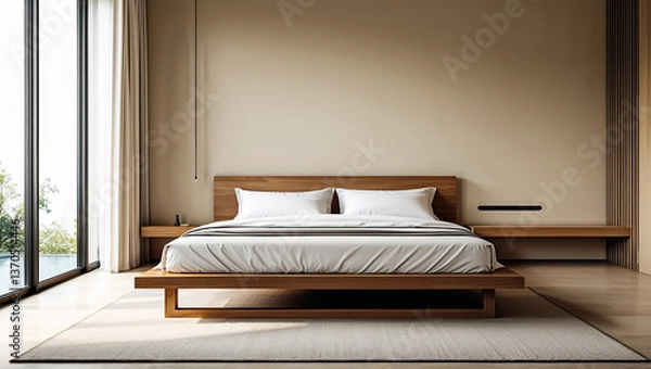Fototapeta Serene minimalist bedroom design showcasing a low platform bed crafted from rich, warm wood, bathed in soft natural light streaming from expansive windows.