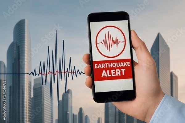 Fototapeta Earthquake Alert, smart Earthquake Detection. A person receives an earthquake alert on a smartphone in a modern skyscraper setting.