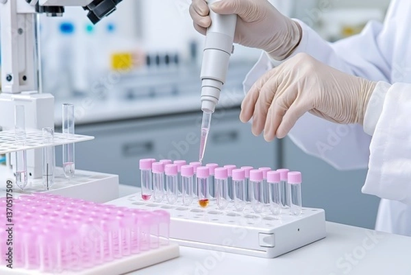 Obraz Autonomous Robotic Arm Using Pipette for Liquid Transfer into Mass Spectrometry Machine, AI-Driven Biotech Research, Precision Laboratory Automation, Modern Chemical Analysis Setup