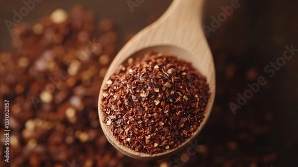 Obraz Close-up of a wooden spoon filled with rich, deep red smoked paprika