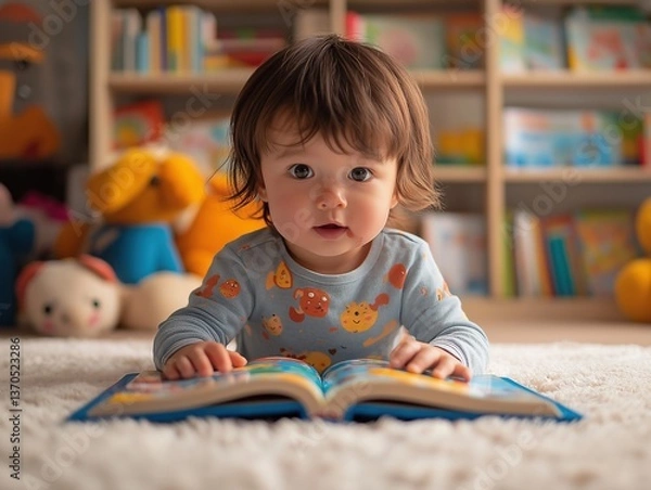 Fototapeta Cute Baby Reading Book in Colorful Nursery - Playful and Curious Childhood Learning