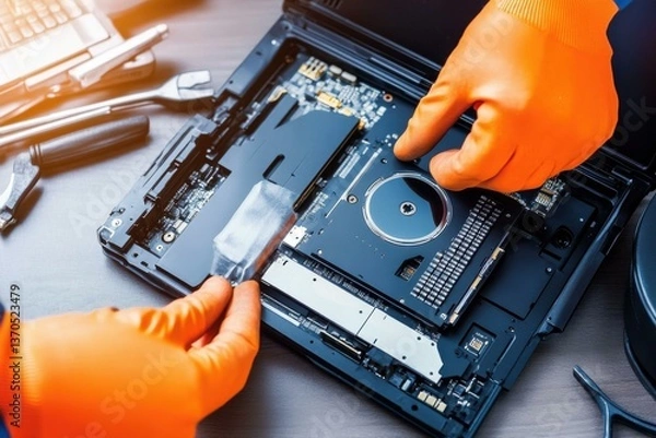 Fototapeta Laptop Repair: Technician Replacing Battery and SSD in Open Computer