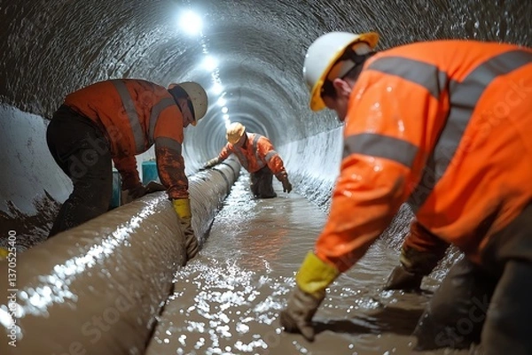 Obraz Underground Stormwater Drainage Pipe Installation with Workers in Protective Gear, Dimly Lit Tunnel, Construction Site, Pipe Joint Securing, Industrial Work, Concrete Walls, Construction Industry
