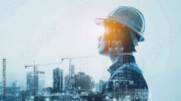 Fototapeta Engineering visionary: architectural blueprint integrated within construction worker's perspective on urban development
