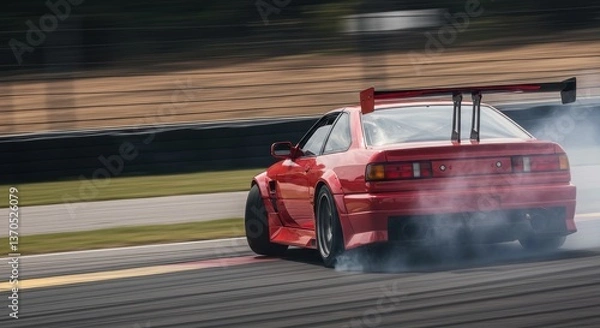 Fototapeta Red Race Car Drifting on Track