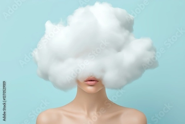 Obraz Beautiful Young Woman with White Cloud Overhead, Brain Fog Concept, Studio Shot on Blue Background, Mental Health, Stress, Cognitive Strain, Abstract Thought Visualization