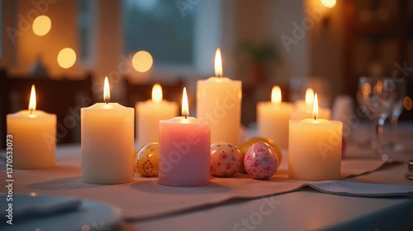 Fototapeta Calm candles illuminating Easter eggs on a dining table  