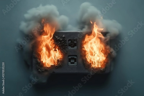 Fototapeta Close-Up of Burnt Wall Socket with Melted Plastic and Scorched Wires, Electrical Fire Damage, Sparks in Dark Background, Fire Hazard, Home Safety Risk, Wiring Failure, Power Outlet Damage