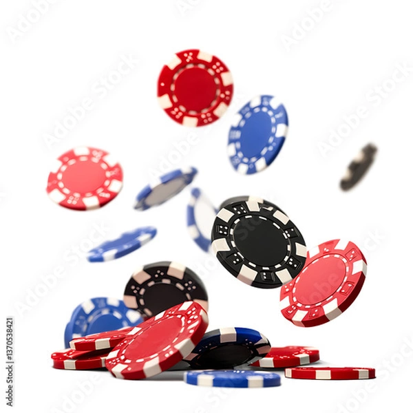 Fototapeta Colorful Casino Chips Falling Stacked Transparent Background Isolated