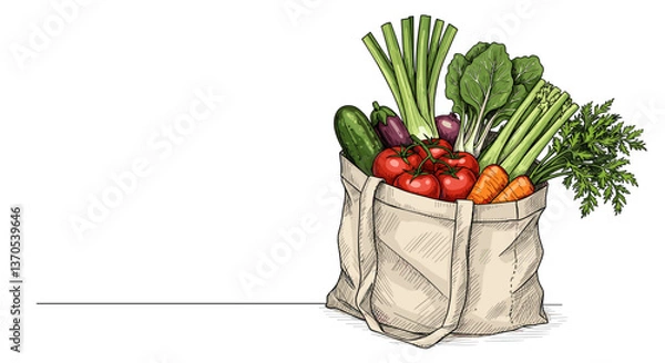 Obraz Illustration of a fabric bag filled with fresh vegetables