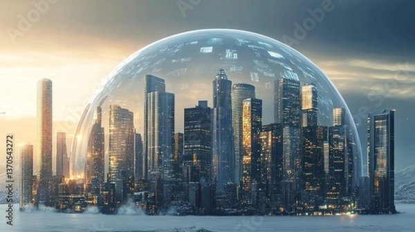 Fototapeta Visionary Futuristic Metropolis Under Protective Dome, Emblem of Innovation