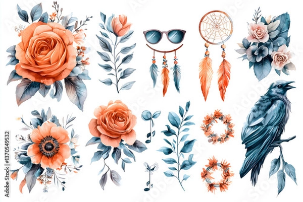 Obraz Floral and Bohemian Watercolor Elements: A collection of watercolor illustrations featuring roses, floral arrangements, a dreamcatcher, sunglasses, and a raven, perfect for creating unique designs.