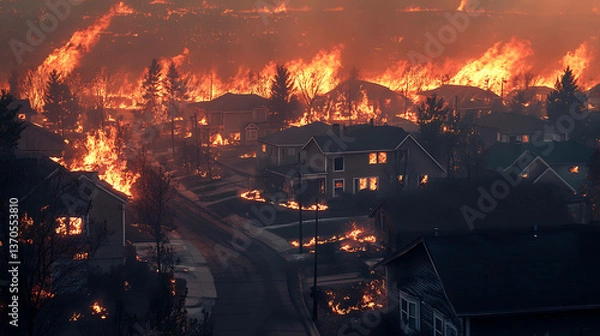 Obraz A residential neighborhood threatened by advancing wildfire